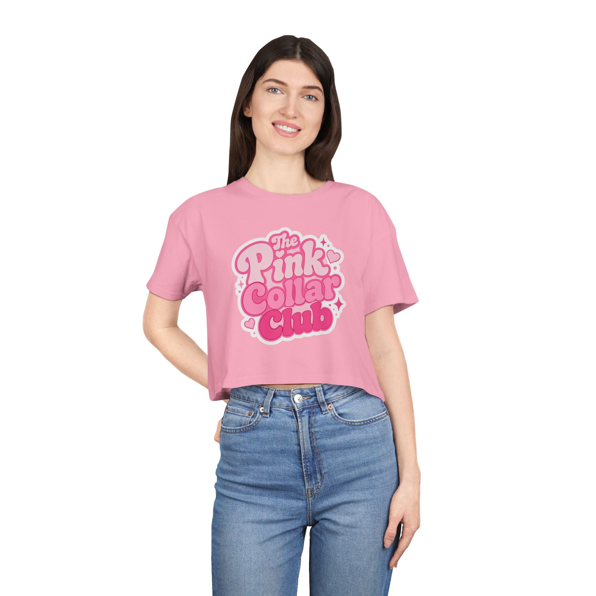 Pink Collar Club Crop Tee – Retro Bubble Letter Graphic Top